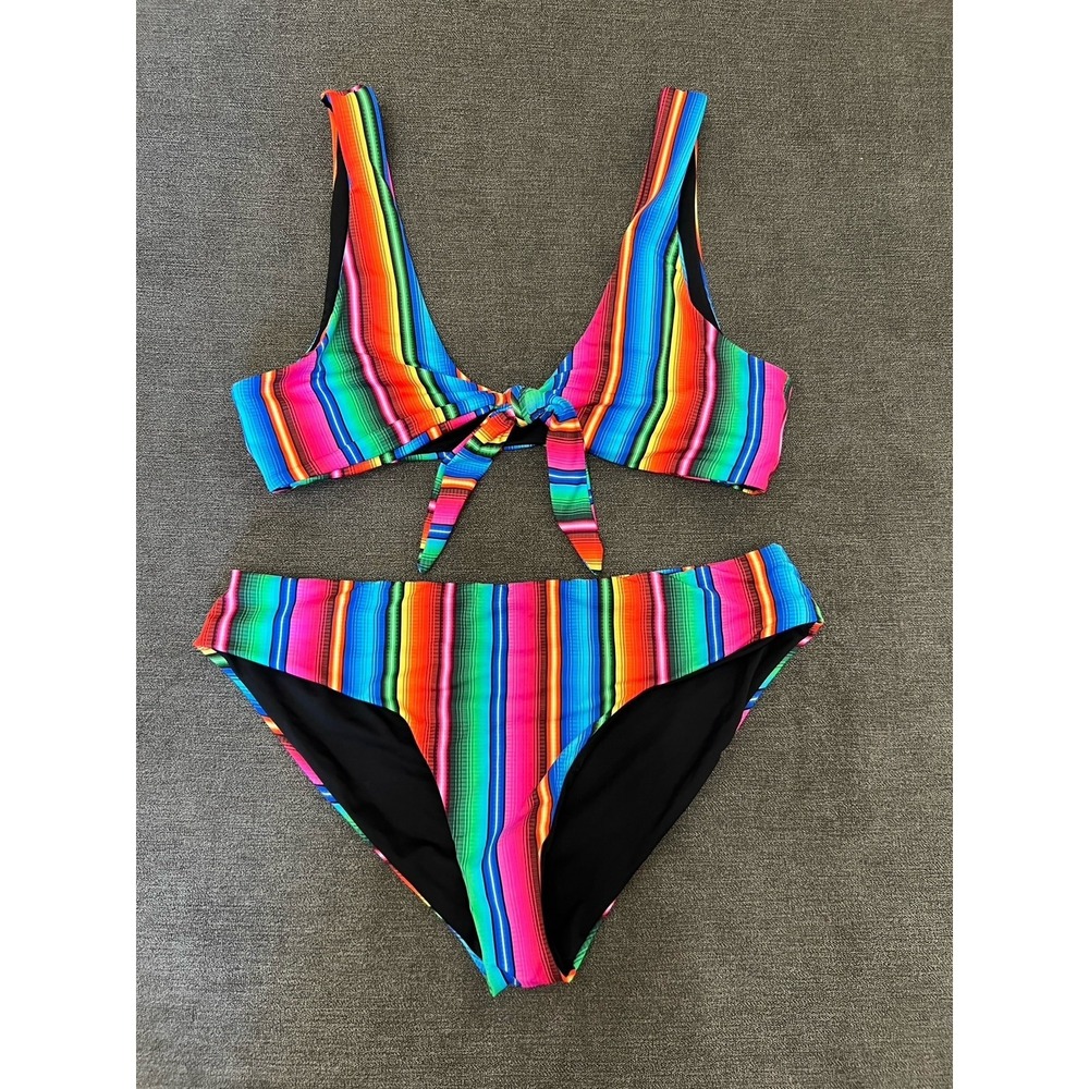 Palms Away Striped Tie Front Bikini Set Small Boho Cinco De Mayo Fiesta Swimsuit